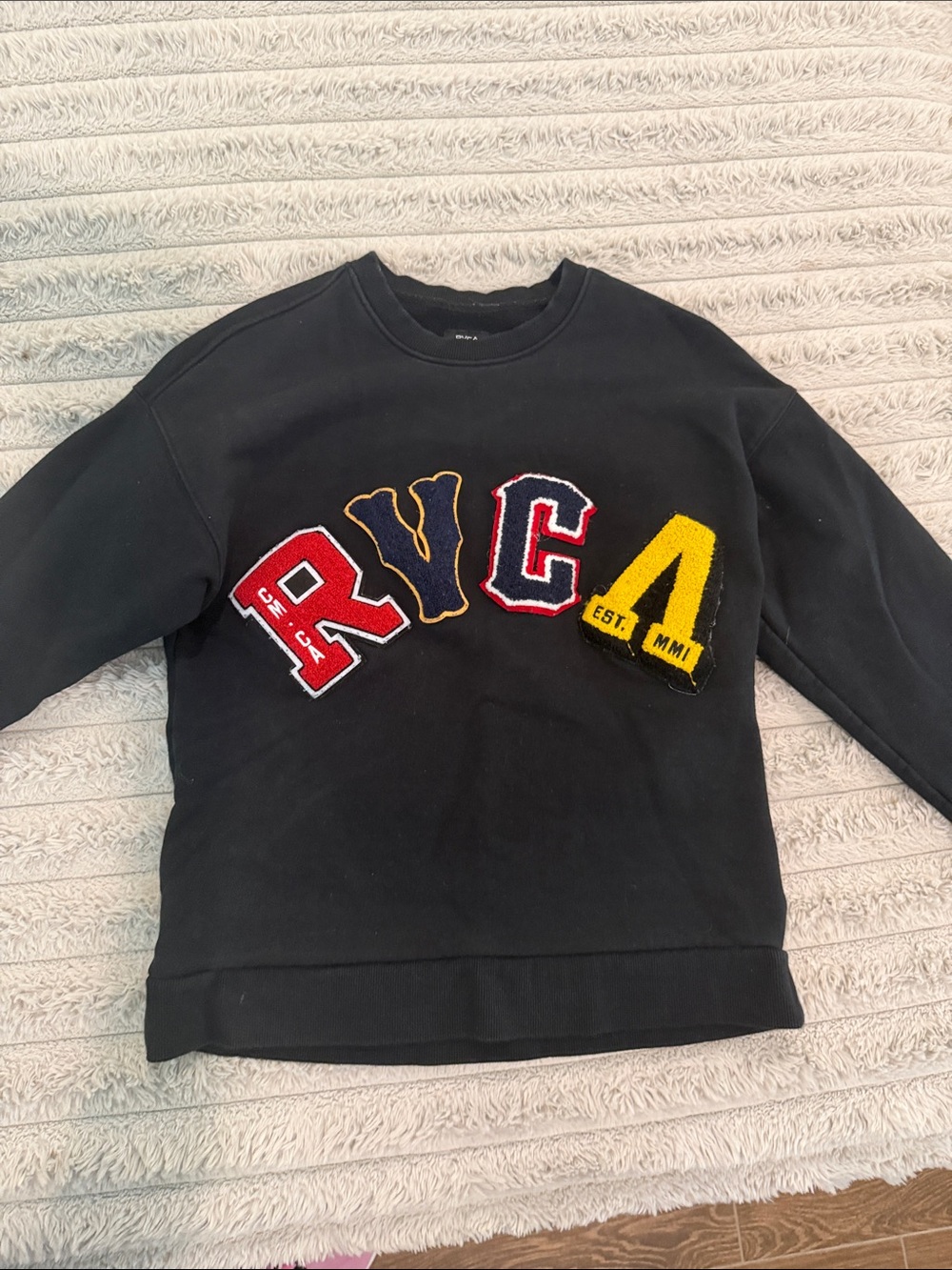 RVCA Black Crewneck Sweater with Red, Navy & Yellow Lettering